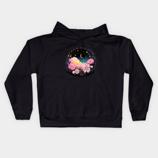 Aesthetic Clouds Starry Sky with Pink Flowers Kids Hoodie